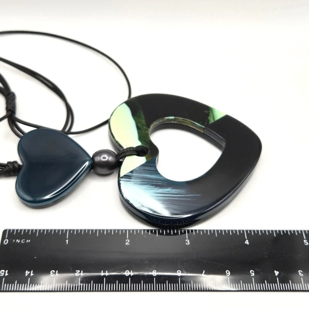 Large Resin Double Heart Pendant Necklace Black Blue Green‎ Adjustable Cord